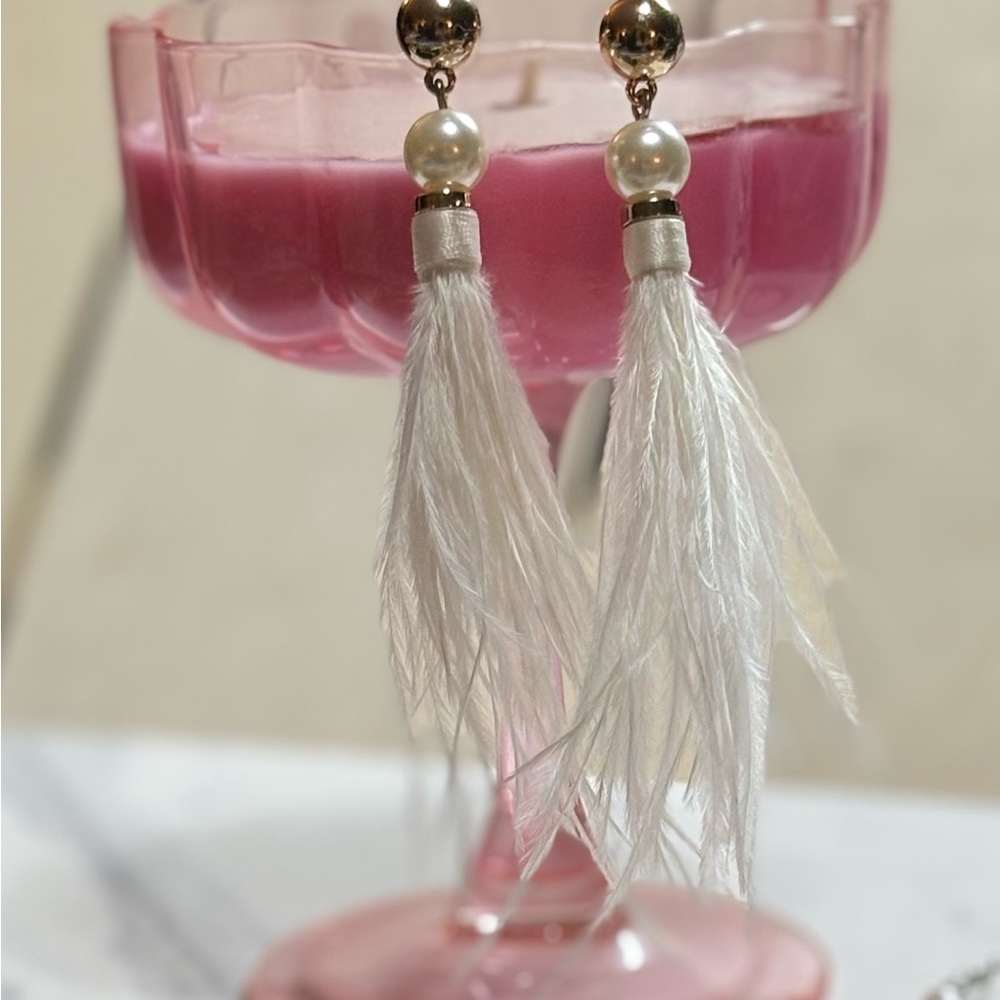 J. Crew White Feather Tassel Earrings with Pearl and Gold Accents